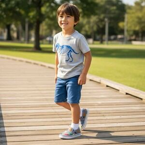 Boys BNWT Josiny Kids Dinosaur Slip-On Sneakers Gray Canvas Size 6